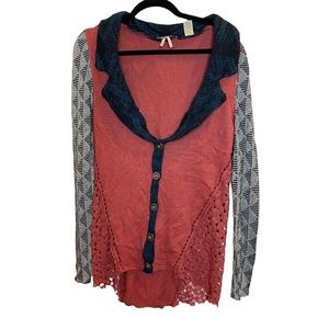 gimmicks by BKE Coral & Navy Mixed-Media Cardigan with Patterned Sleeves